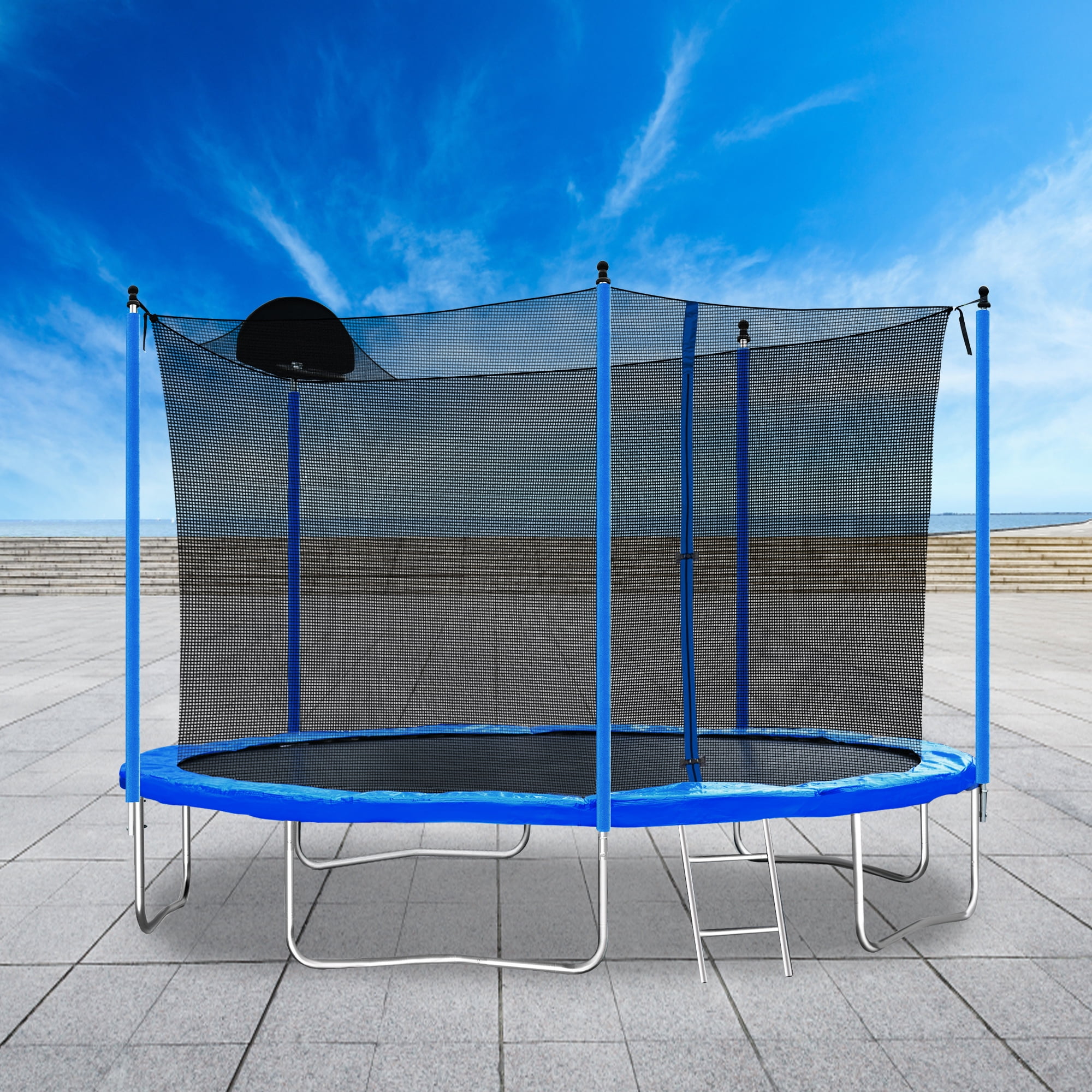 Witaxima 12FT Trampoline for Adults & Kids with Basketball Hoop, Safety Enclosure Net, Ladder, Blue Outdoor Trampoline, Max Load 200LBS
