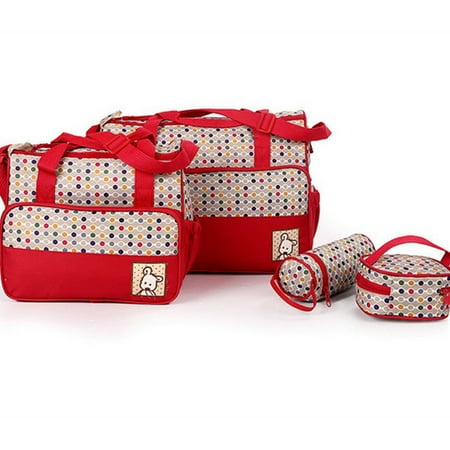 Dot Diaper Set - Diaper Bag 5 pcs Nappy Tote Bag Set Water-proof Large Capacity Travel Handbag Shoulder Bag Include Changing pad Stylish Dotted Unisex for Baby Mom Dad Red