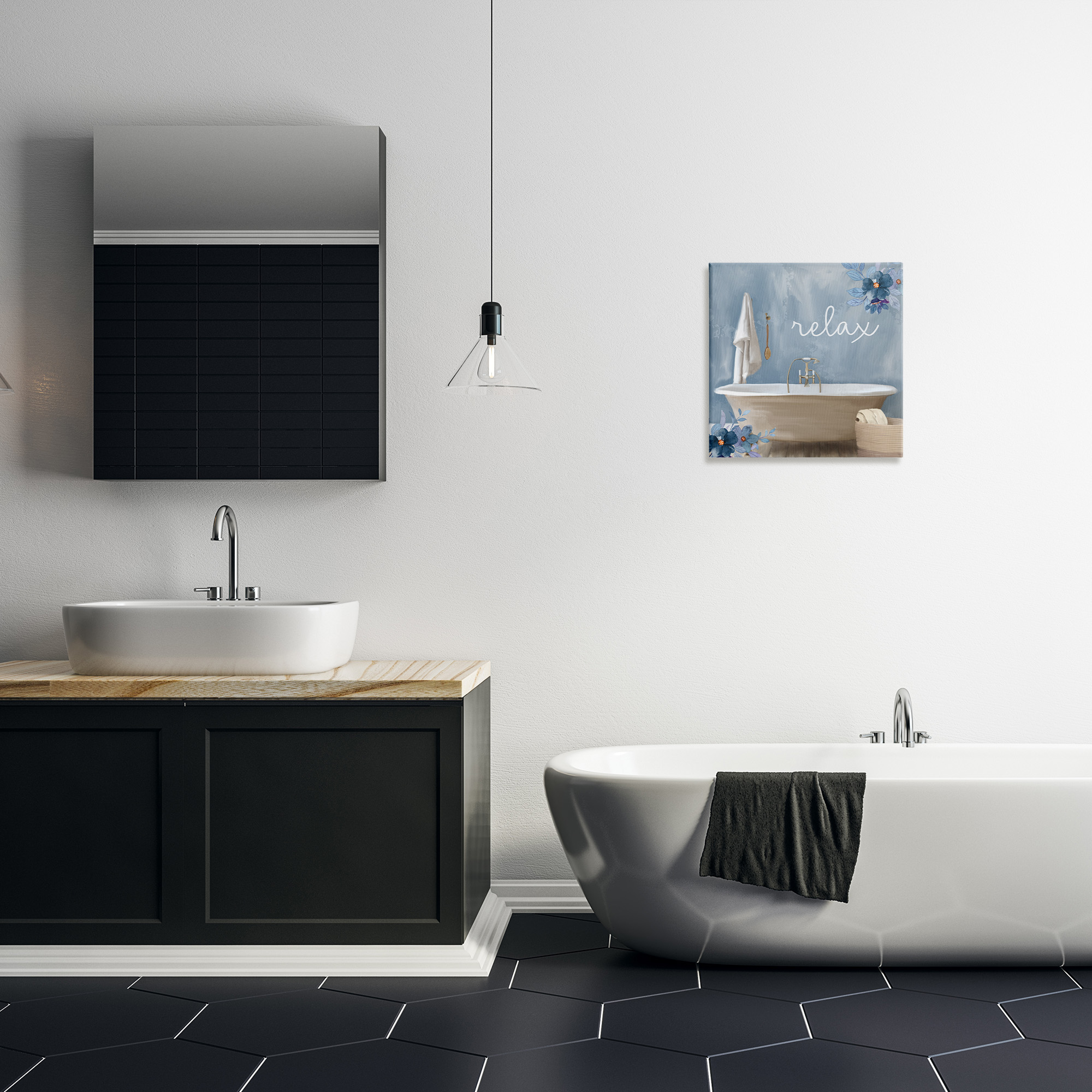 Blue Floral Relax Bathroom Scene Canvas Art, 17 x 17