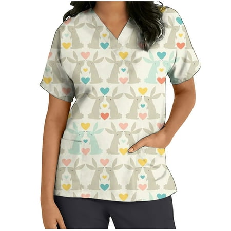 

Ecqkame Easter Scrubs Tops for Women Easter Eggs Bunny Rabbit Printed Working Uniform Blouse T-shirt Casual Short Sleeve V-neck Blouse Tops With Pocket Khaki XL on Clearance