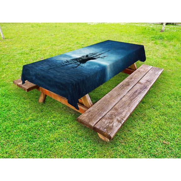 Pirate Ship Outdoor Tablecloth, Ship on Dark Blue Sea with Starry Night Sky Water Reflection, Decorative Washable Fabric Picnic Table Cloth, 58 X 84 Inches,Dark Blue Pale Blue Black, by Ambesonne