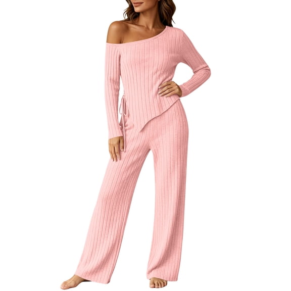 vdgthytj Loungewear Sets for Women Long Sleeve One Shoulder Asymmetric Drawstring Tops Wide Leg Pants Fall Ribbed Casual 2 Piece Outfits(X-Large,Pink)