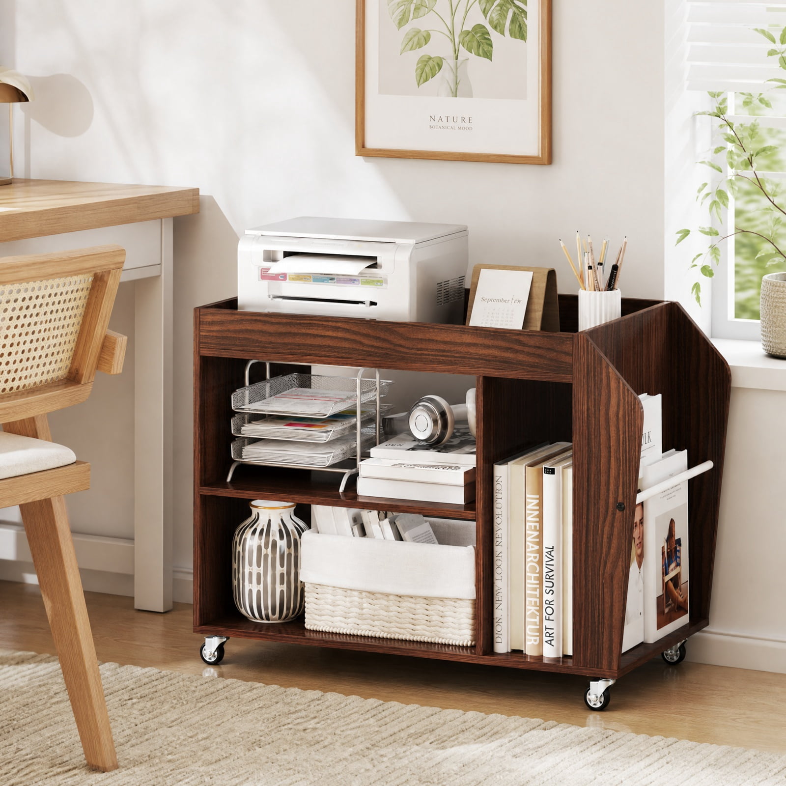 Furnibear 3 Tier Side End Table with Universal Wheels and Side Storage Rack and Guardrail for Living Room Bedroom and Home Office, Walnut