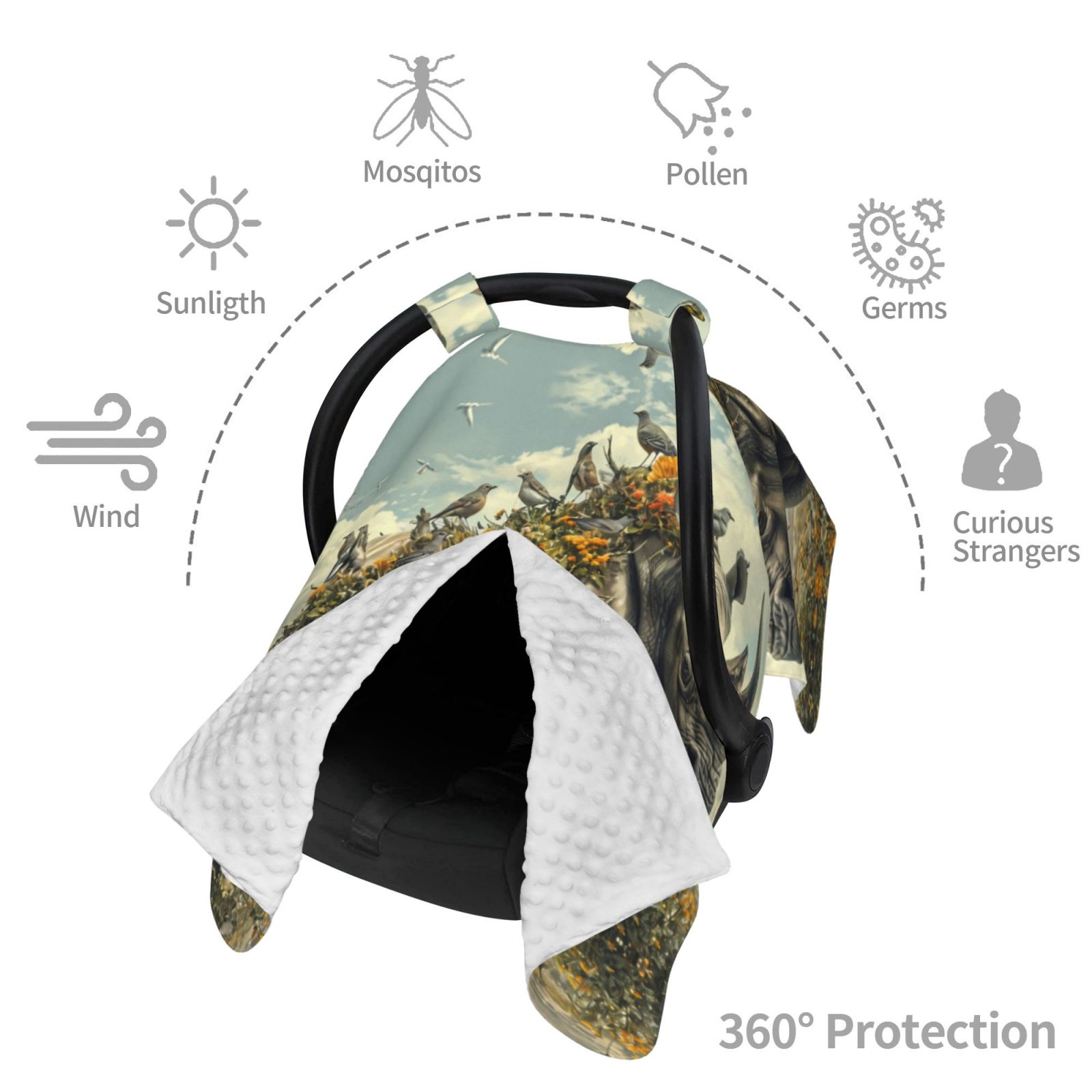 Car Seat Cover Baby - Floral Rhino With Birds Breathable Infant Car Seat Cover for Baby Carseat, Lightweight Comfort Baby Essentials Must Haves Newborn Stuff for Girl Boy