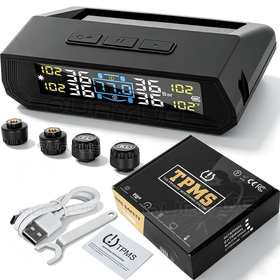 Quayub Real-Time Tire Pressure & Temperature Monitor TPMS with Solar/Type-C Charging, Color LCD, 6 Alarm Modes, and 4 Easy-Install Sensors