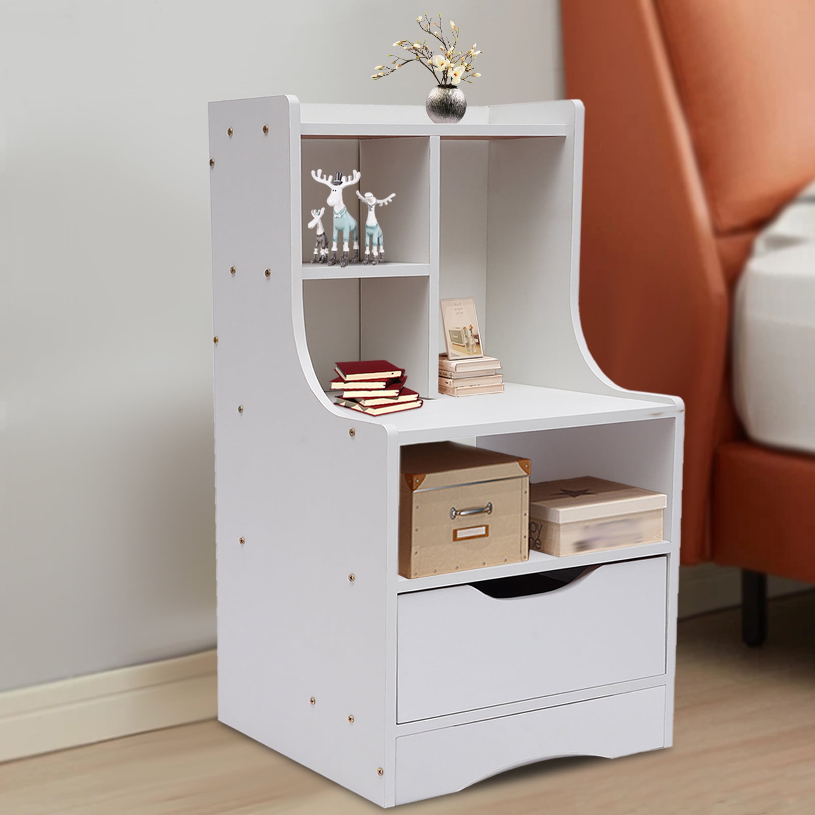 Loyalheartdy Wood Nightstand Dresser w/Storage Shelf Drawer, White