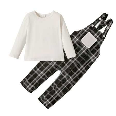 

KIMI BEAR Toddler Boys Outfits 3T Toddler Boy Autumn Winter Outfits 4T Toddler Boy Casual Solid Color Long Sleeve T-shirt + Plaid Suspender Pants 2PCs Set Black White