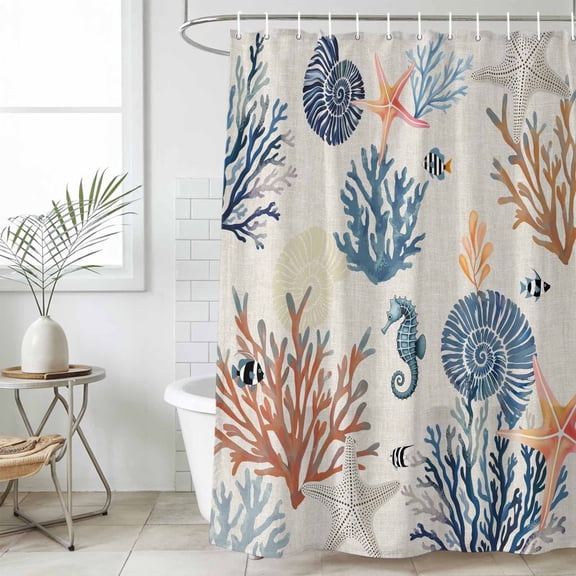 Blue Coastal Shower Curtain Set, Waterproof Shower Curtains for Bathroom, Summer Beach Coral Shell Starfish Vintage Washable Fabric Cloth Bath Curtain for Bathtub Decoration with Hooks 48x72 Inches