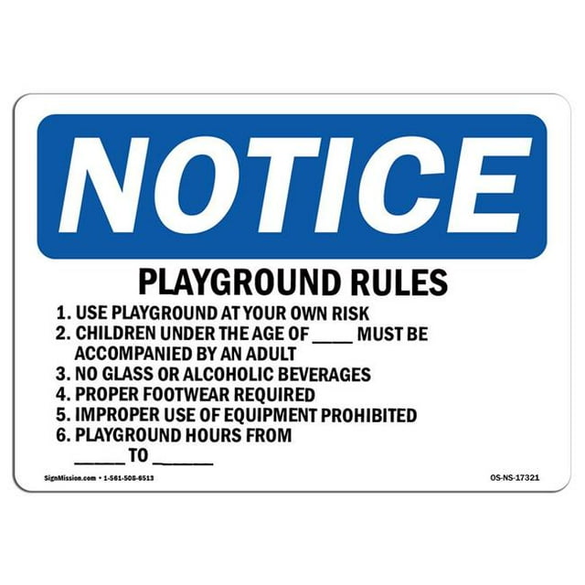 SignMission OS-NS-A-1824-L-17321 Panneau d'Avertissement OSHA de 18 x 24 Po - Règles de Terrain de Jeu 1. Utilisez le Terrain de Jeu à Vos Propres Risques