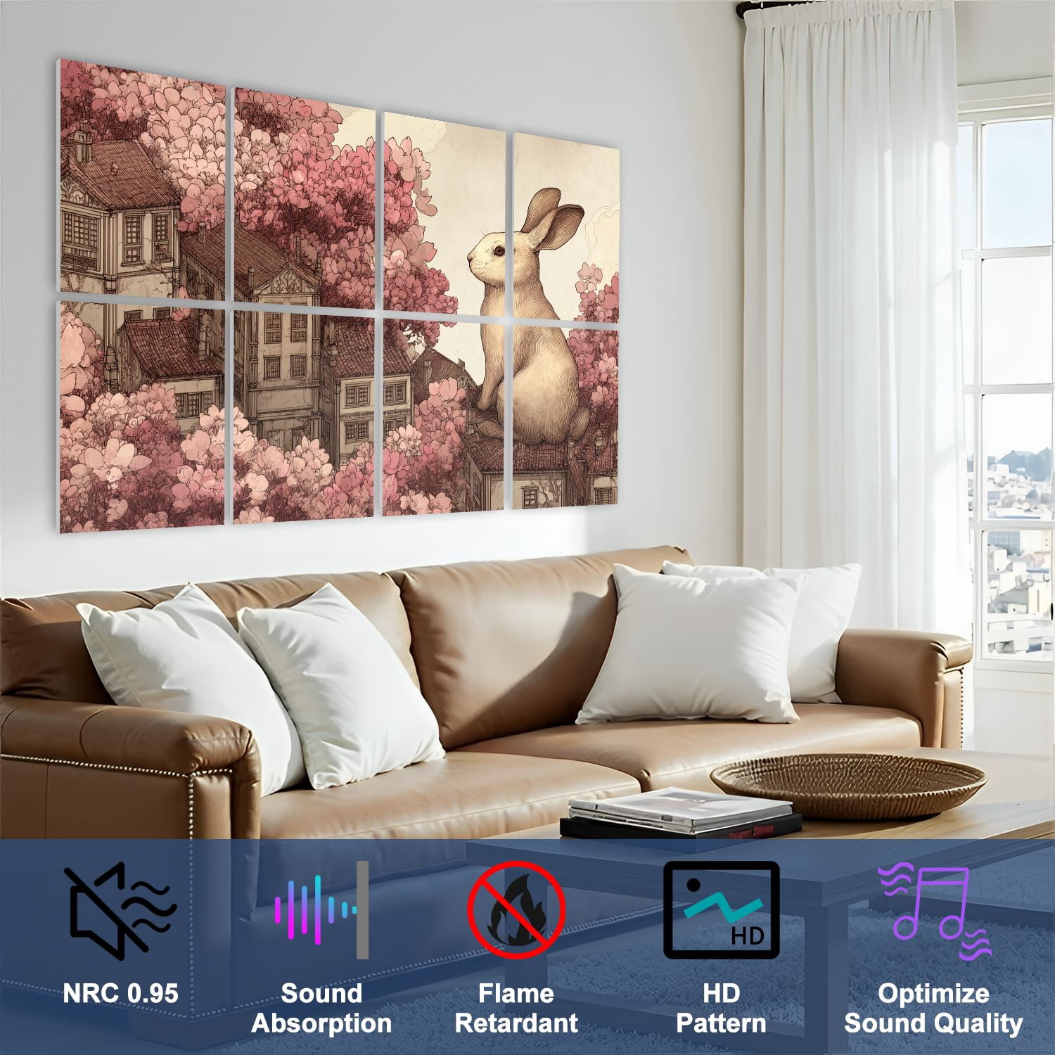 8 Pack Art Acoustic Panels Whimsical Giant Rabbit Surrealism Vintage Landscape Anthropomorphic Self Adhesive Sound Absorbing Panels for Home Office Studio Media Room 48"x32"