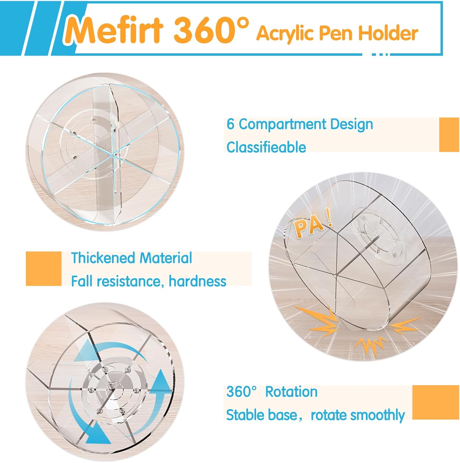 Acrylic Pen Holder 2 Pack, 360 Rotating Desk Organizer with 6 Compartments for Pens Markers Crayons Art Supplies