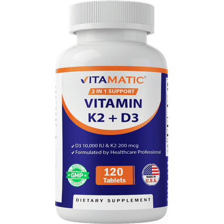 Vitamatic Vitamin D3 K2 Supplements with 10,000 IU Vitamin D + 200mcg Vitamin K MK-7, 120 Tablets Bone, Heart, Immune, & Calcium Support