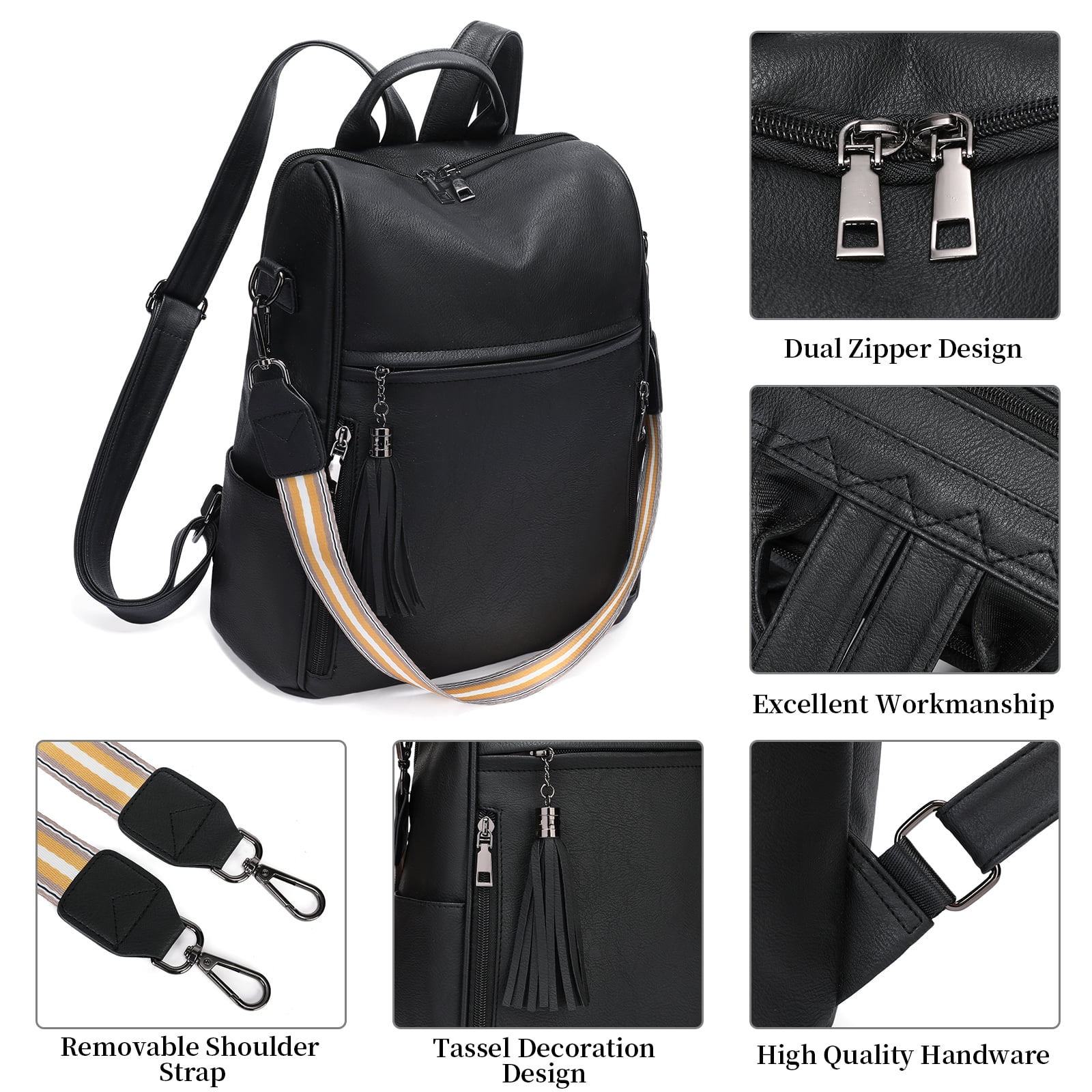 GOIACII Women Large Backpack Leather Travel Backpack Fashion Ladies Shoulder Bags with Tassel