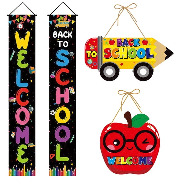 Back to School Decorations, 70.8×11.8In Back to School Porch Banner Set including Welcome Door Hangings with Apple & School Bus Signs for First Day of School Door Decor