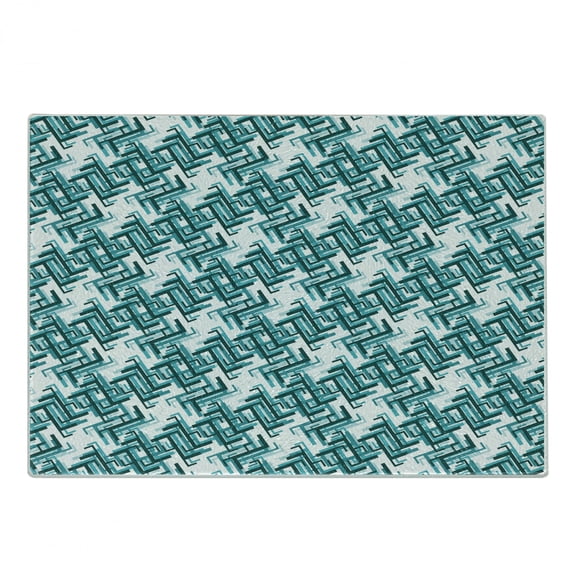 Abstract Cutting Board, Retro Architecture Style Modern Trippy Maze Form Urban Graphic, Decorative Tempered Glass Cutting and Serving Board, Small Size, Turquoise Teal White, by Ambesonne