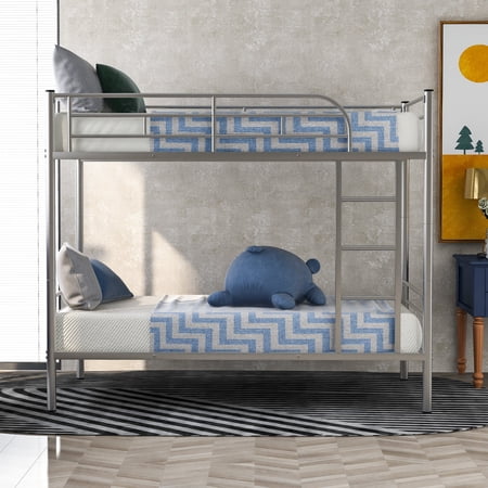 Twin over Twin Metal Bunk Bed  Twin Bed Frame for Kids Adults with Ladder  Silver