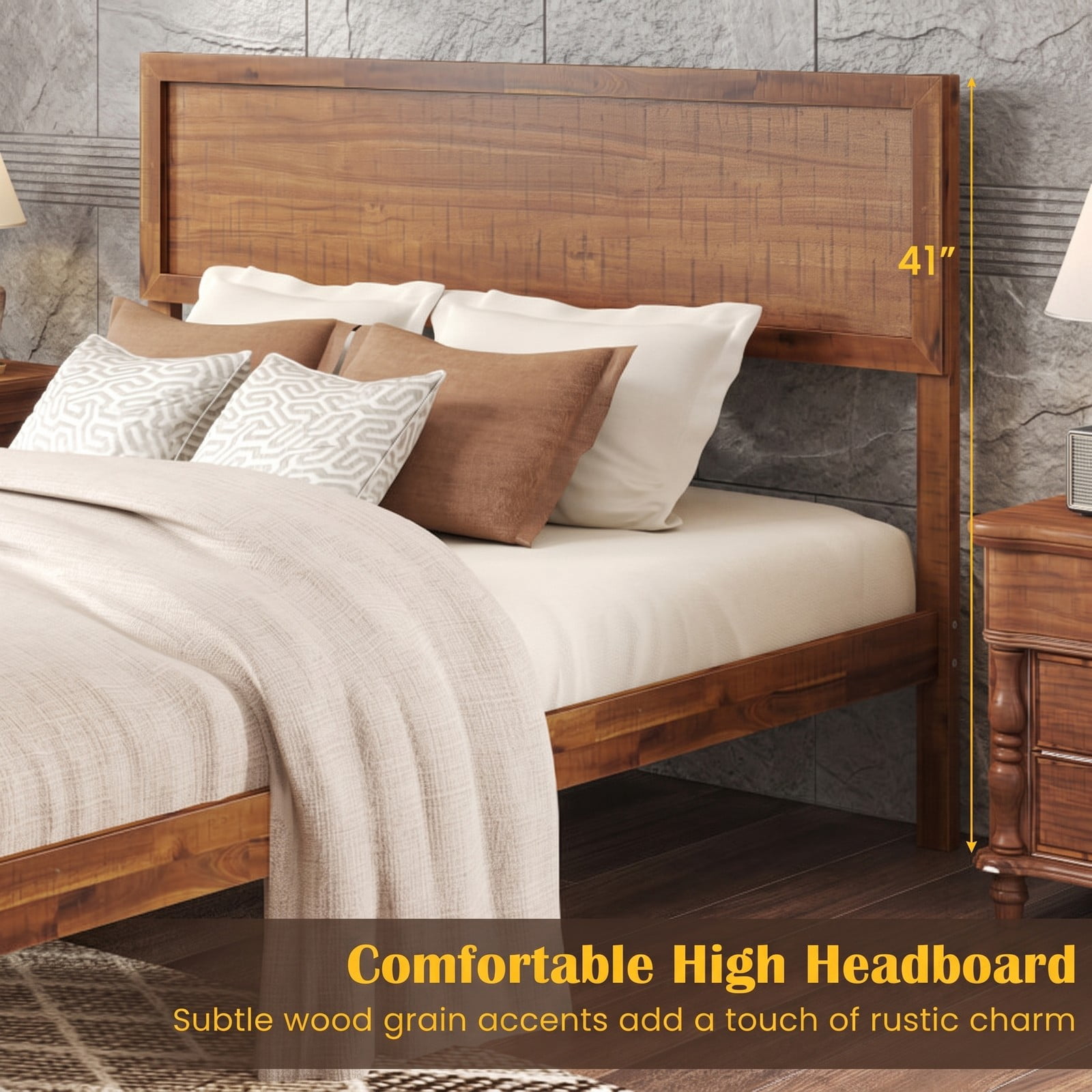 Furnibear Queen Bed Frame with Headboard, Wood Platform Bed Frame with High Panel Headboard and Wooden Slat Support for Bedroom, Walnut