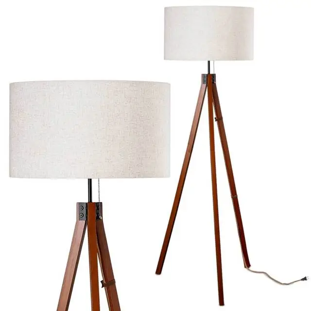 EE Eleven Master Wood Tripod Floor Lamp with 3 Color Temperatures LED Bulb, Mid Century Standing Lamp, Modern Design Tall Light for Living Room, Bedroom and Office, Flaxen Lamp Shade