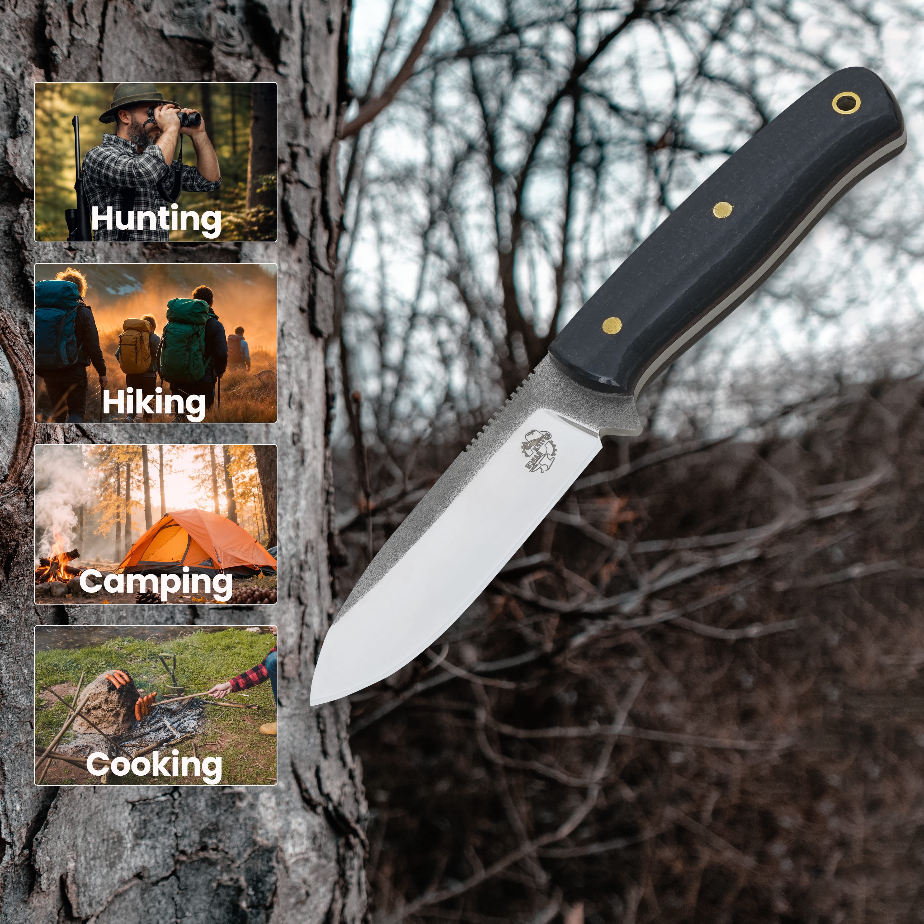 Knives Ranch Camper One | 8 inch Horizontal Carry Bushcraft, Camping, Hunting & Outdoors Knife | High Carbon Stainless Steel 440-C | 59 Hardness | Cowboy Style Dual Carry Sheath
