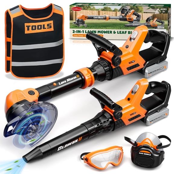 KidBloom Kids Gardening Tools Set with Vest, 2-in-1 Kids Lawn Mower & Kids Leaf Blower with Lights & Sounds, Toy Weed Wacker with Goggles & Mask, Birthday Gifts for Boys 3