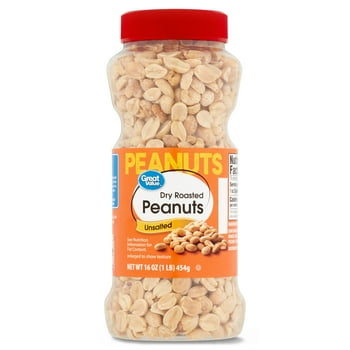 Great Value Dry Roasted and Unsalted Peanuts, 16 oz, Jar