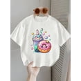 thumbnail image 1 of Women'S Casual Summer Tee with Cute Cartoon Drink & Donut Design - Soft White Fabric, Round Neck, Short Sleeve, Perfect for Spring and Summer, Spring Casual Wear | Playful Print Top Ladies T Shirts, 1 of 7