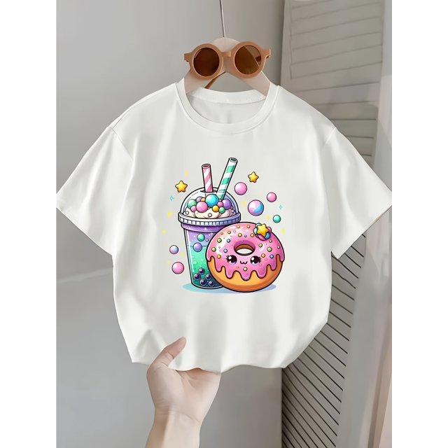 Women'S Casual Summer Tee with Cute Cartoon Drink & Donut Design - Soft White Fabric, Round Neck, Short Sleeve, Perfect for Spring and Summer, Spring Casual Wear | Playful Print Top Ladies T Shirts