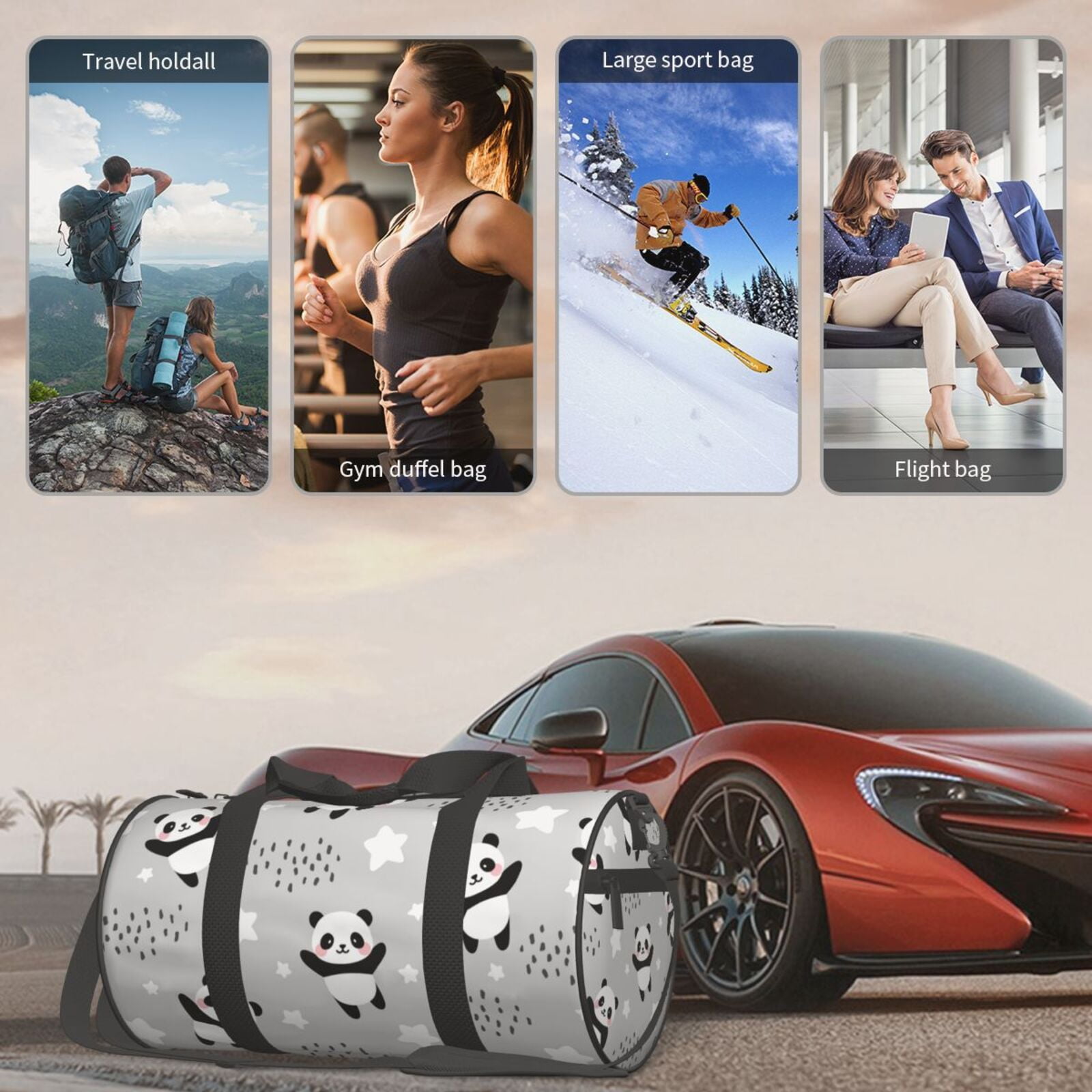 Vsdgher Pandas 45L Foldable Duffel Bag, Sports Gym Bag,Overnight Bag, Portable Weekender Bag for Airplanes
