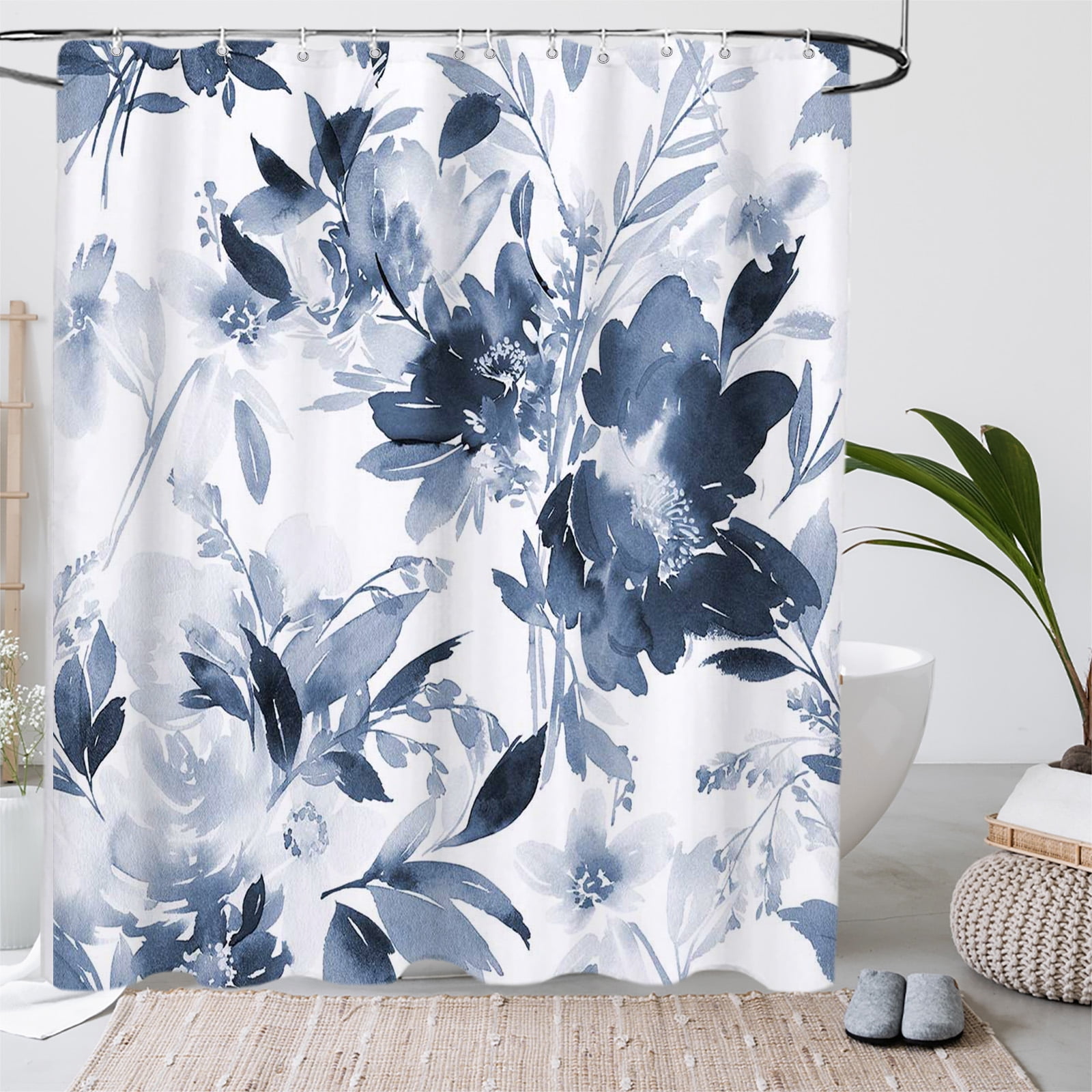 4pcs Navy Blue Watercolor Ink Floral Shower Curtain Set with Hooks