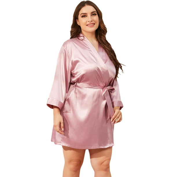 WBQ Women Plus Size Bathrobe Sleepwear Short Kimono Satin Robes