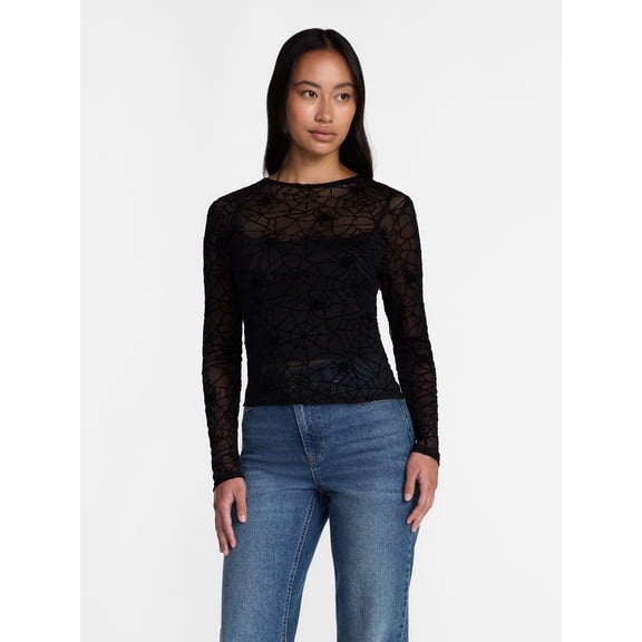 Halloween Women's Spiderweb Mesh Top with Cropped Cami, Sizes XXS-XXL