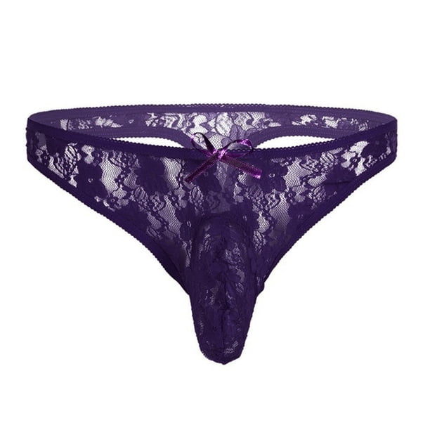 Gibobby Conjuntos de Lencería Calzoncillos T-back Ropa interior Hombres Encaje Floral Lencería Bikini Semi transparente Íntimos(Morado, XL)