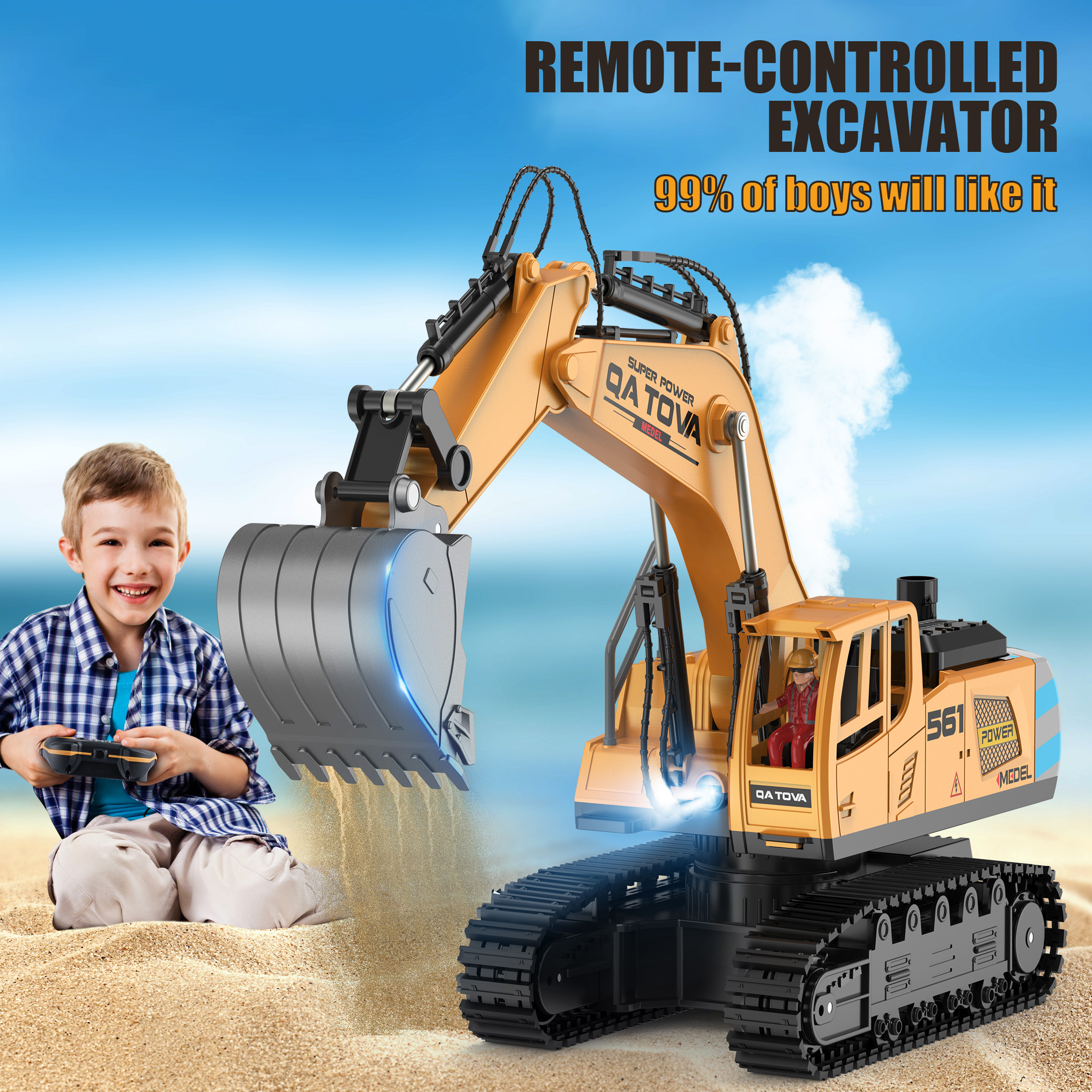 Remote Control Excavator Toys for Boys- Movable Claw Digger Trucks with Spray & LED, 11 Channel 2.4GHz Full Function Remote Control Crane for 6-12 Year Old Kids Christmas Birthday Gift