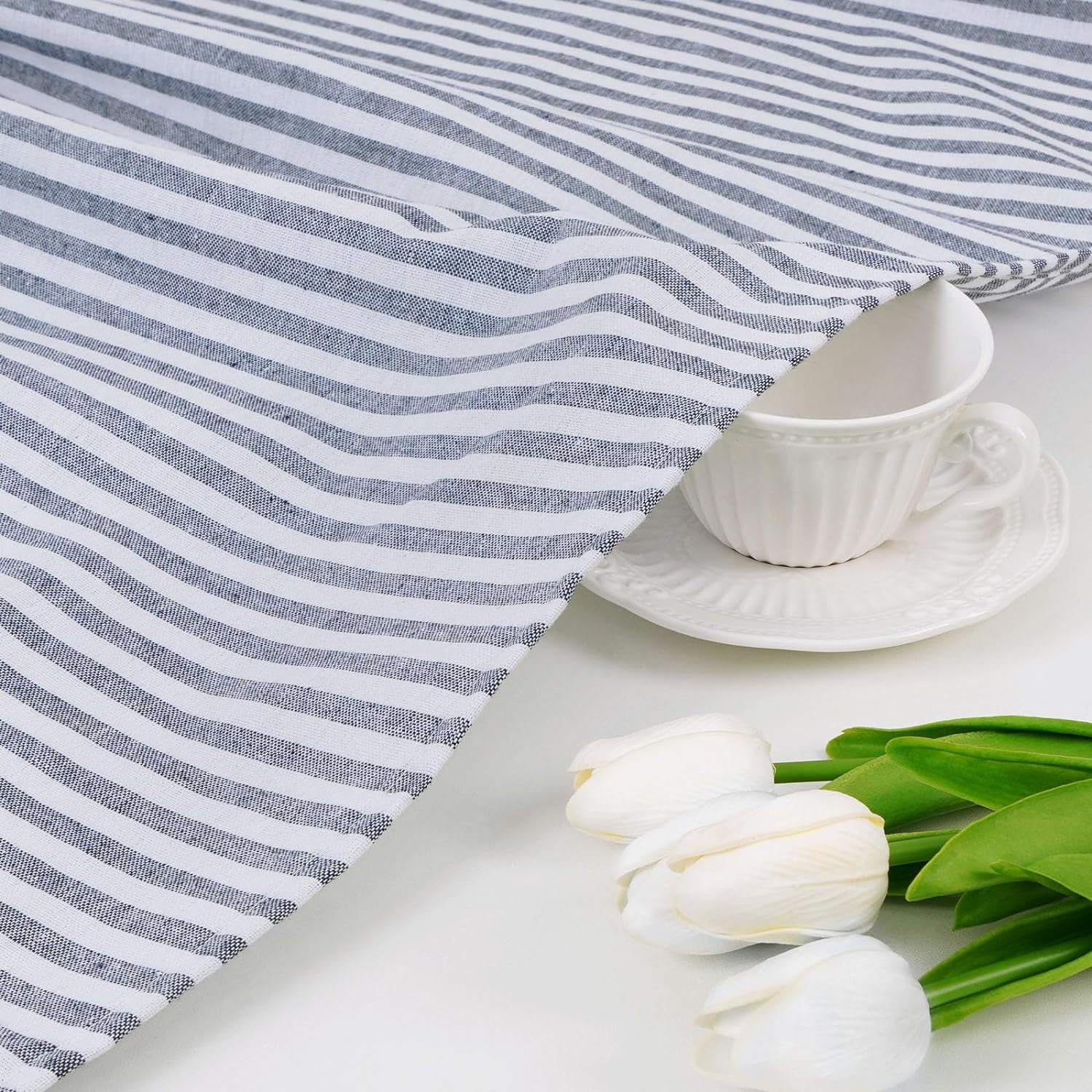 Alishomtll Stripe Kitchen Curtains 8 Button Linen Cotton Window Curtains Sets 24 Inches Long ,Rod Pocket ,Blue