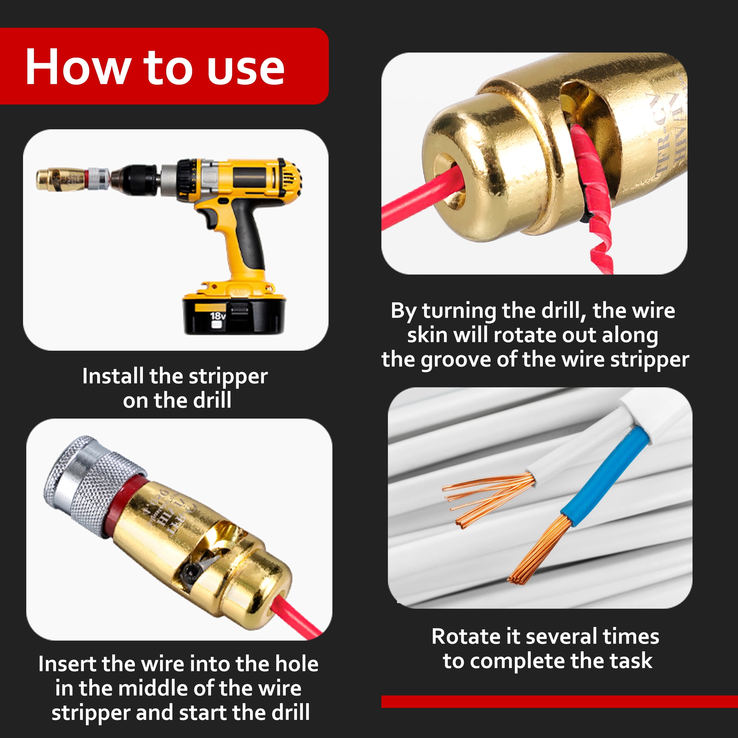 Wire Stripper and Twisting Tool, Drill Wire Stripping Tool, 4 in 1 Professional Electrician Wire Stripper and Twister Tool Set