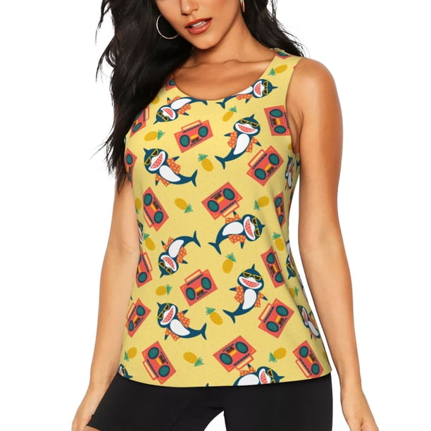 Fotbe Pineapples Sharks In Hawaiian Blusas Sin Mangas para Mujer – Estilo Casual, Corte Suelto, Slim-Fit, Cuello Redondo Deportivo, Tops de Verano para Gimnasio y Yoga-Large