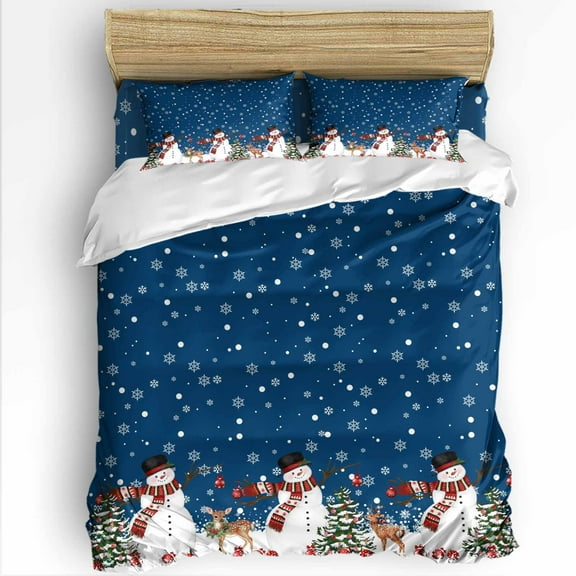 Christmas Queen Size Comforter Set, Winter Snowman Xmas Tree Deer Snowflakes Navy Blue Bedding for All Seasons, 4 Pcs Bed Set with 1Comforter (90"x92") ,1 Sheet(94"x116"), 2 Pillowcases (19"x29")