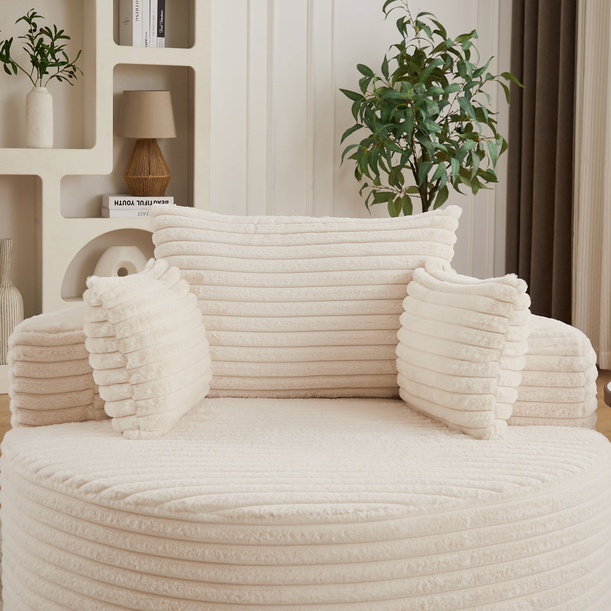 Leumius Oversized Round Chair Lounge Chaise Indoor,50" Upholstered Corduroy Deep Seat Single Cloud Sofa Chair, Fluffy Modern Large Circle Boneless Sleeper Sofa for Living Room, Bedroom,Beige