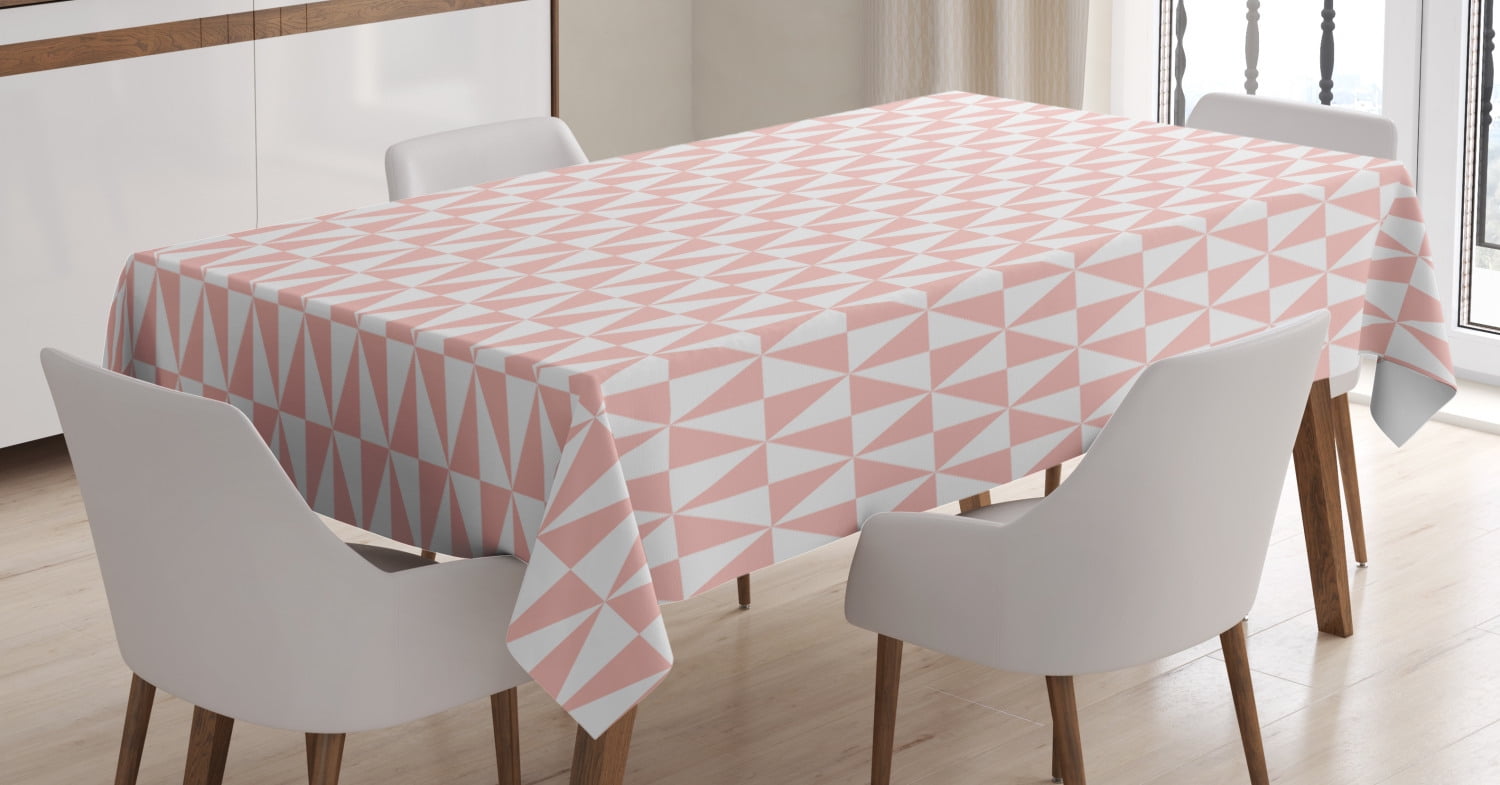 Pale Pink Tablecloth, Bicolor Triangles Pattern in Pastel Colors and