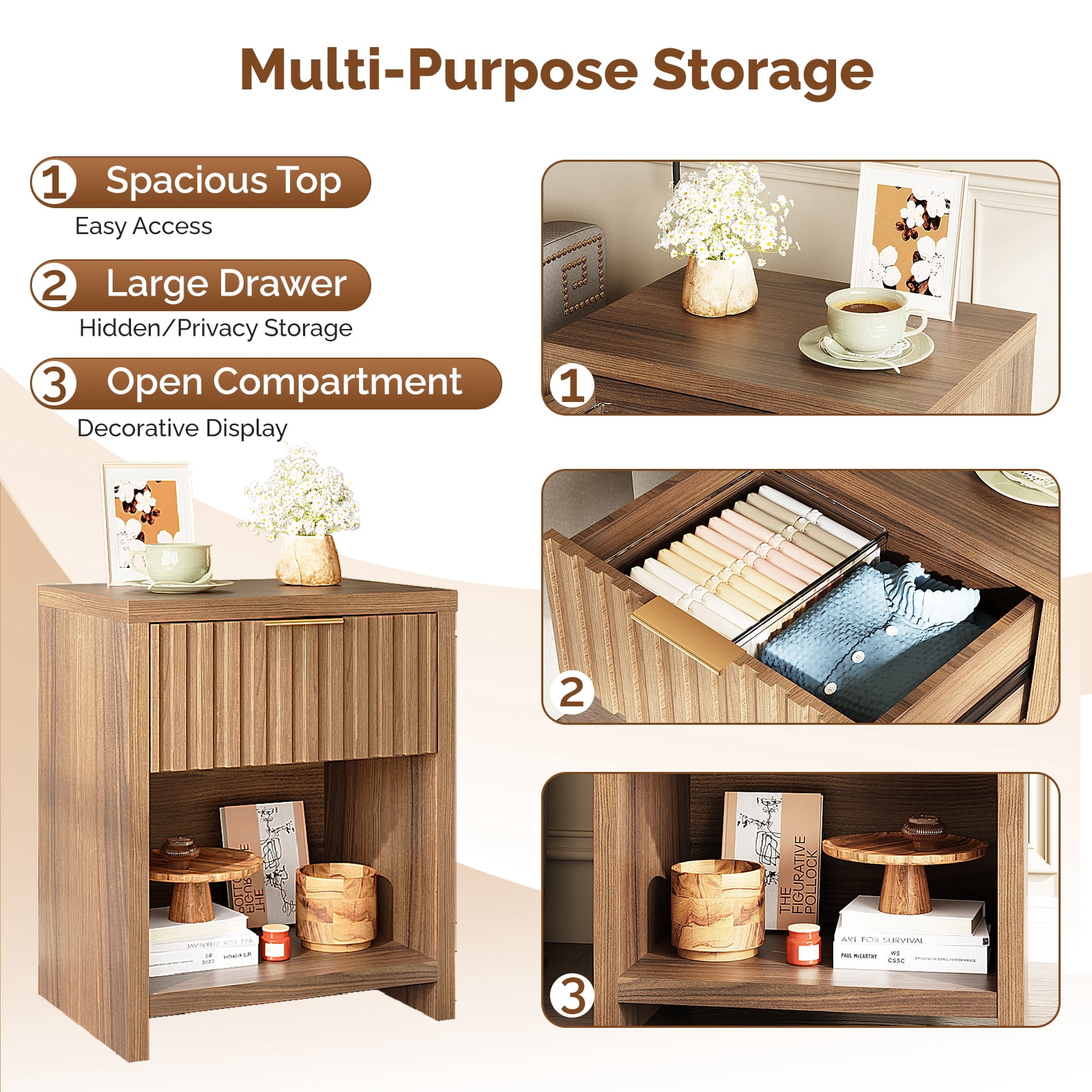 1 Drawer 1 Shelf Honeycomb Board + MDF Bedside Table 20 x 15 x 24.5in Dark Brown