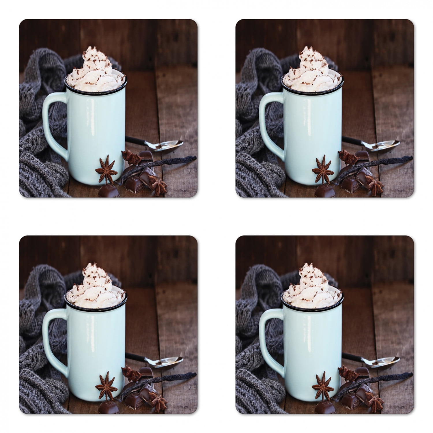 Winter Coaster Set of 4, Cozy Scene of a Cup of Hot Cocoa for Christmas