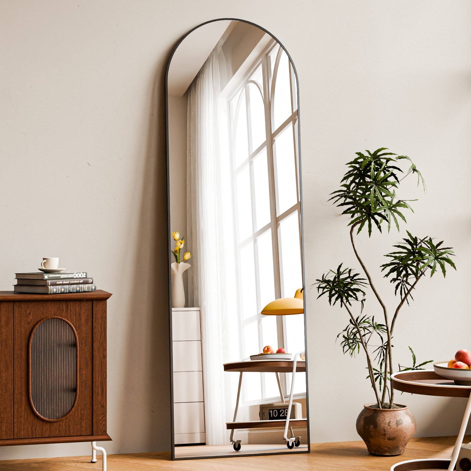 Easy4Home 58"x19" Arched Full Length Mirror with Aluminum Alloy Frame Freestanding Floor Dressing Mirror, Black