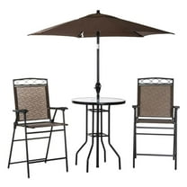Yardi Yarda 4 Pieces Outdoor Patio Dining Furniture Set, 2 Folding Chairs with Adjustable Angle Umbrella, Wave Textured Tempered Glass Dinner Table, Brown
