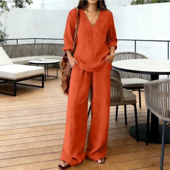 Women's Cotton Linen 2 Piece Outfit, V-Neck 3/4 Sleeve Top & Drawstring Wide Leg Pants Casual Matching Set, Brick Red L