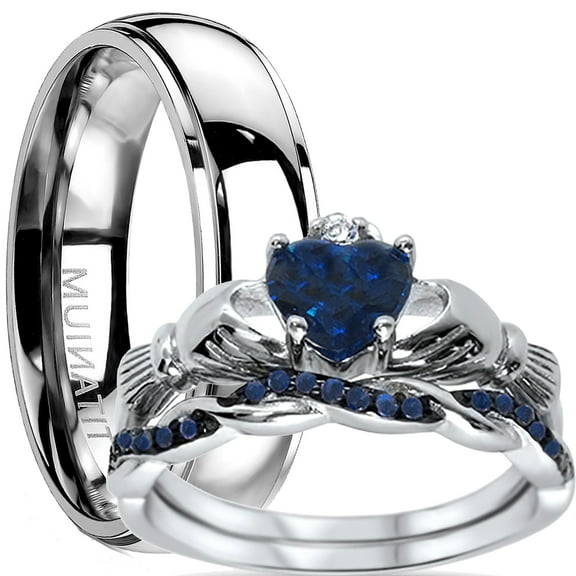His and Hers 3 Piece Trio Sterling Silver Blue Titanium Wedding Band Engagement Ring Set 9/6