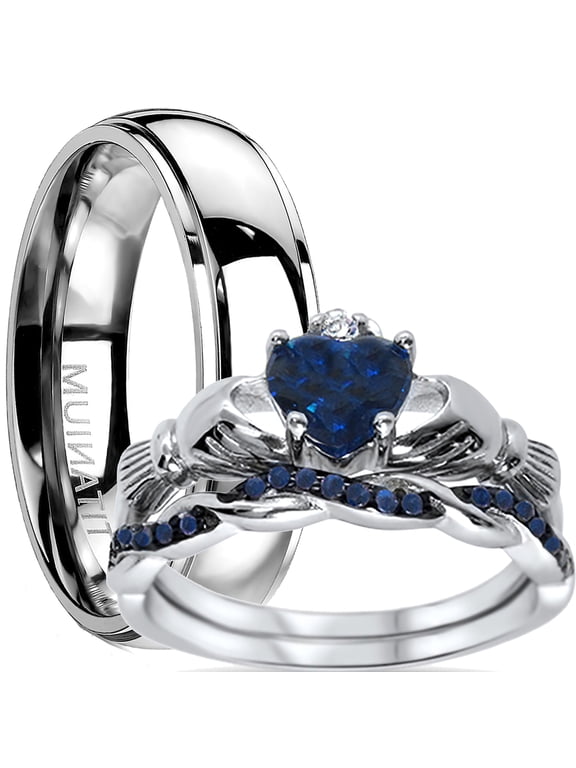 His and Hers 3 Piece Trio Sterling Silver Blue Titanium Wedding Band Engagement Ring Set 13/8