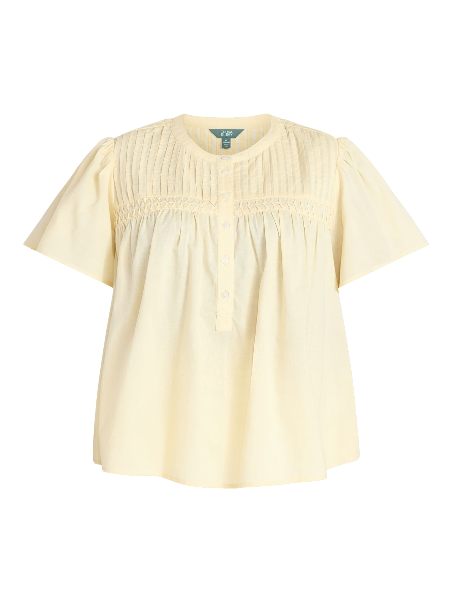 Terra & Sky Women’s Pleated Yoke Top with Short Flutter Sleeves, Sizes 0X-5X
