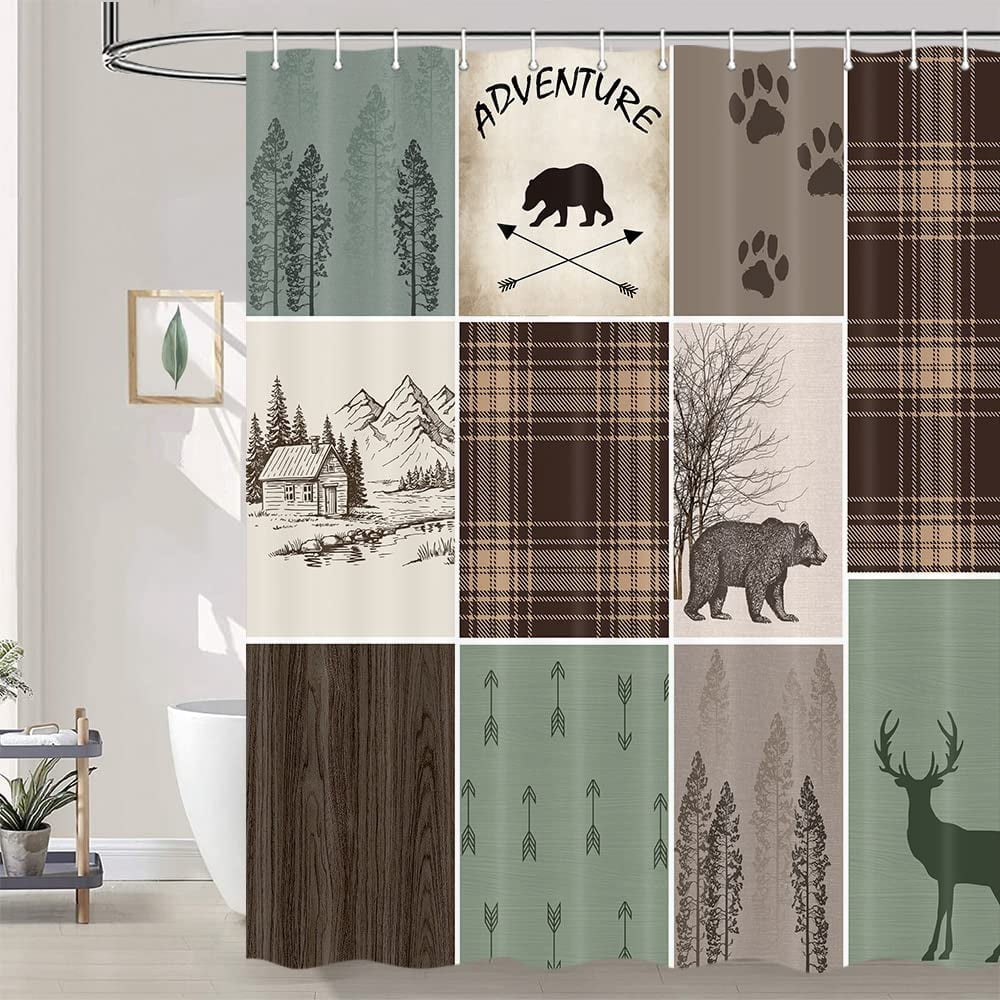 Cabin Retro Rustic Lodge Shower Curtain, Bear Deer Country Hunting Wild Animal Fabric Shower Curtains, Plaid Check Adventure Bathroom Curtain Liner with Hooks 69x84inches