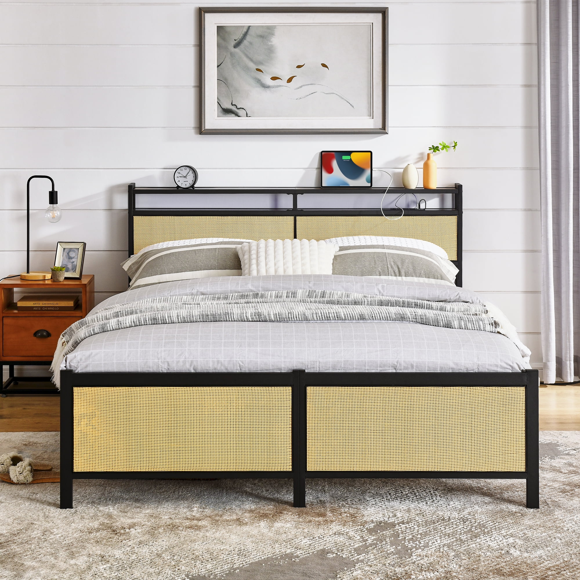 Euroco Metal Queen Platform Bed Frame with Storage Headboard and LED Light for Adults, Beige