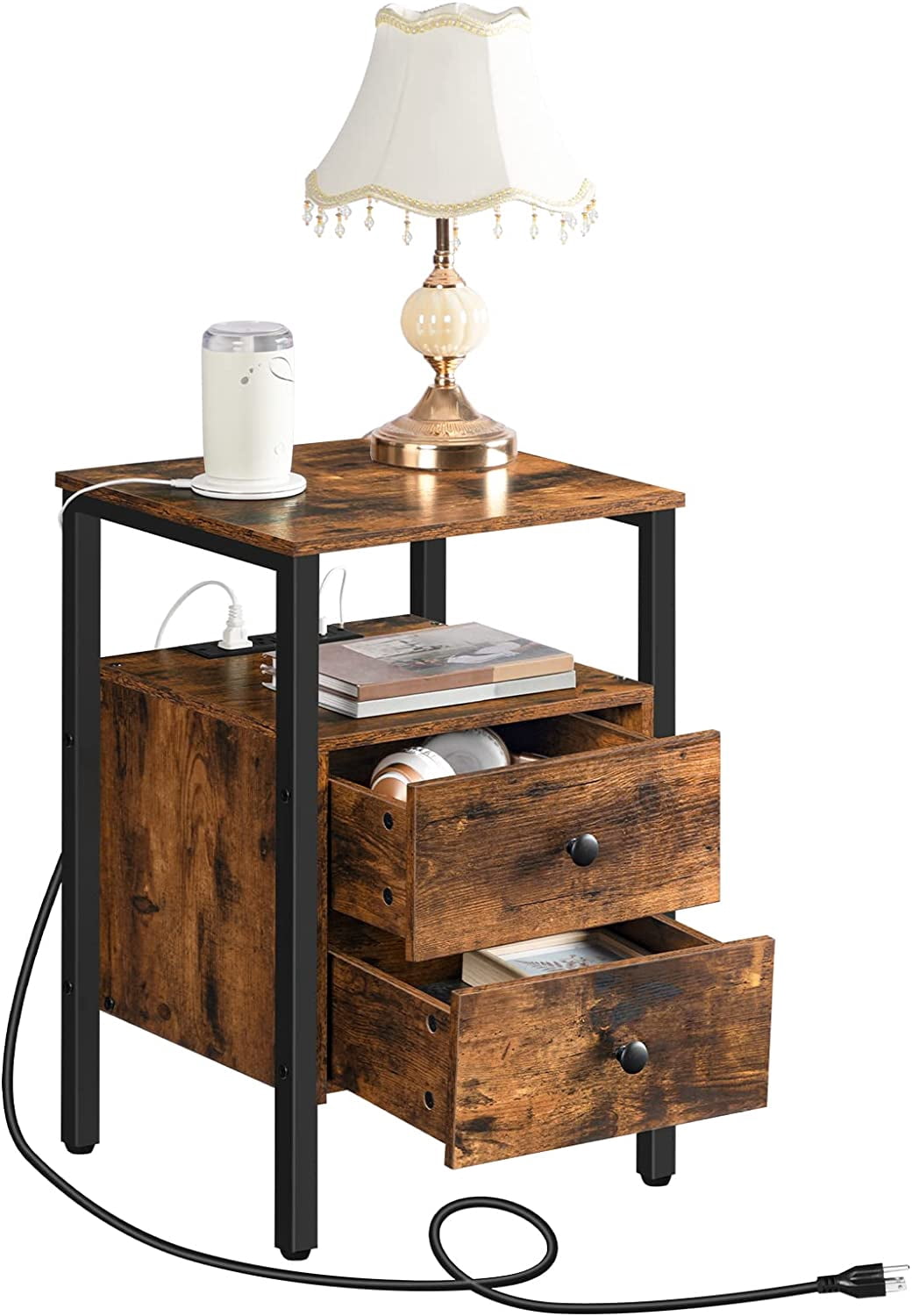 HOOBRO Nightstands Set of 2 with 2- Drawer and Charging Station Living Room Bedroom Brown BF431BZP201